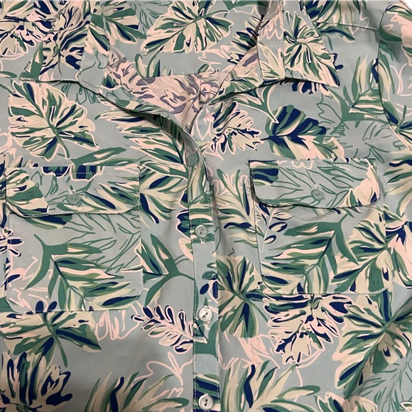 💥Kim Rogers Women Blue Green Leaf Blouse Adjustable Sleeve Length Petite XL - Picture 2 of 9